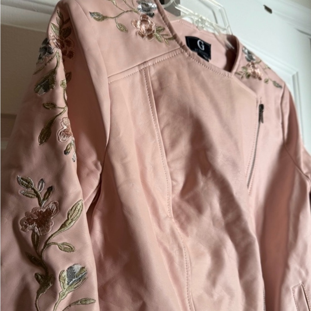 Embroidered Blush Pink Women's Faux Leather Jacket Sz M Moto Boho Baddie Rocker - Picture 3 of 10